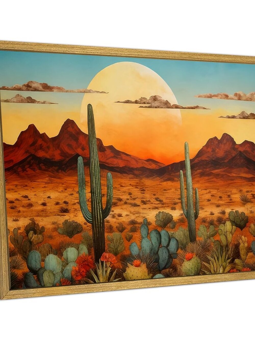 Framed Western Desert Sunset Cactus Wall Art, Vintage Southwest Nature Landscape
